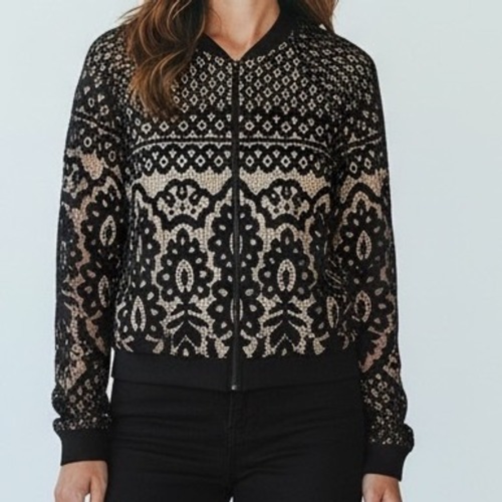 Blue Rain Lace Bomber Jacket Black Beige Lined Zipper Whimsigoth large
